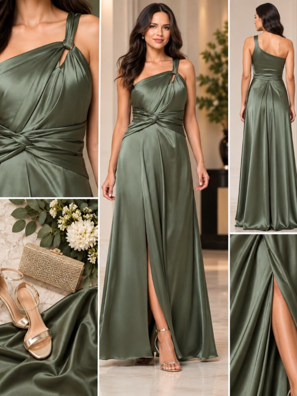 XSCAPE Leona Olive Satin One Shoulder Maxi Gown Size 12 NWT Formal Dress